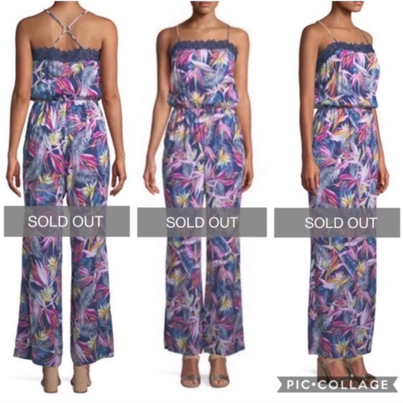 Laundry By Shelli Segal Pants - Laundry by Shelli Segal Midnight Navy Tropical Lace-Trim Jumpsuit